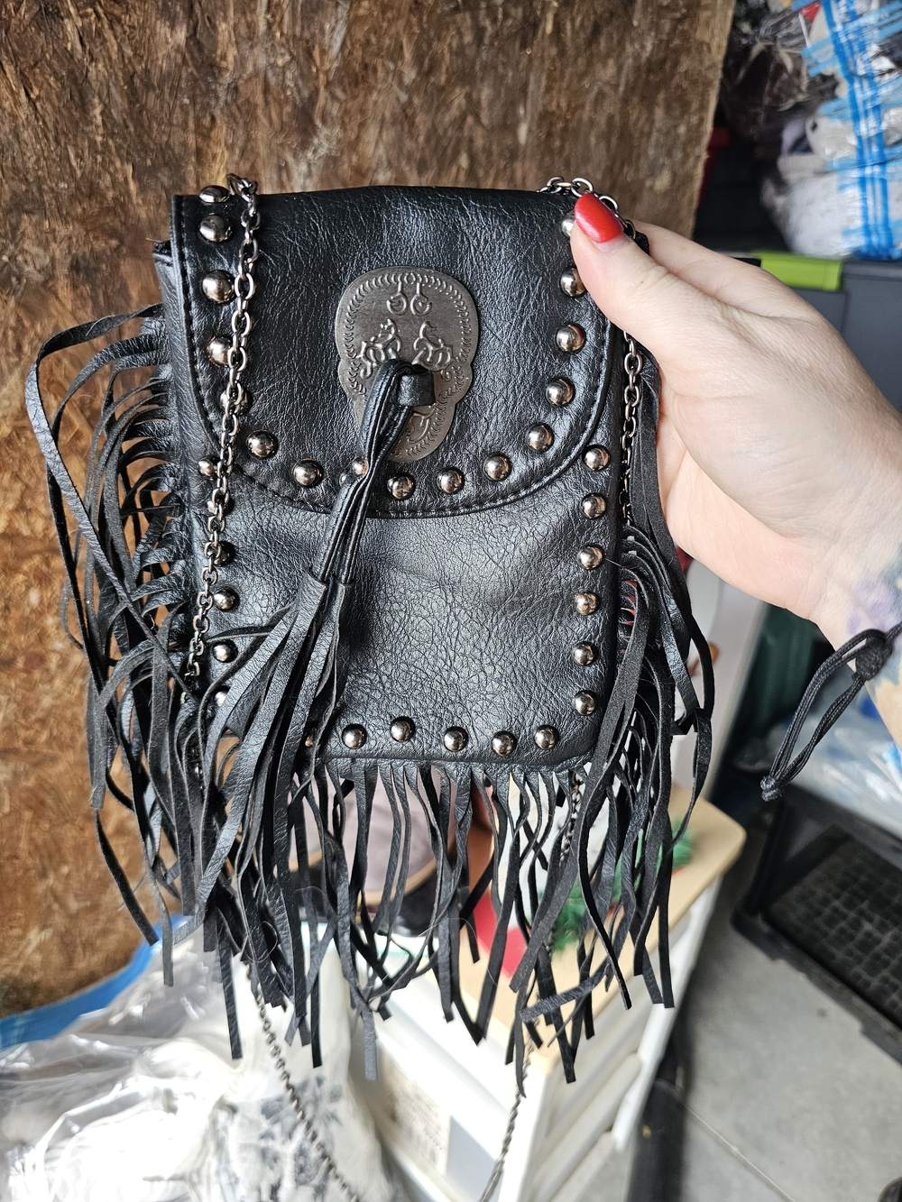 Black Fringe Studded Crossbody Phone Bag